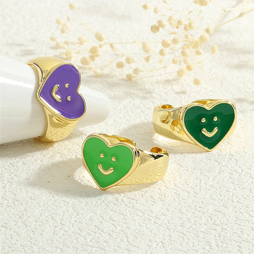 Copper Enamel Heart Shape Smiley Face Open Rings