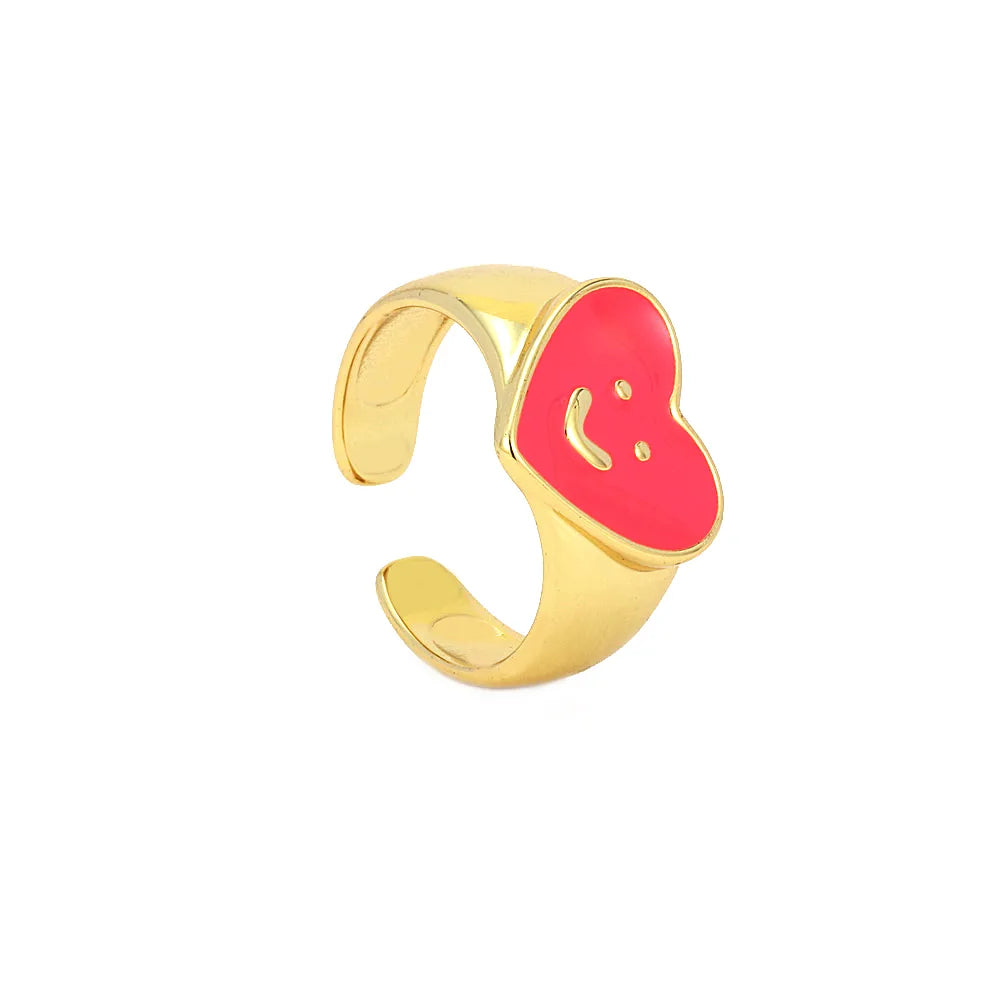 Copper Enamel Heart Shape Smiley Face Open Rings