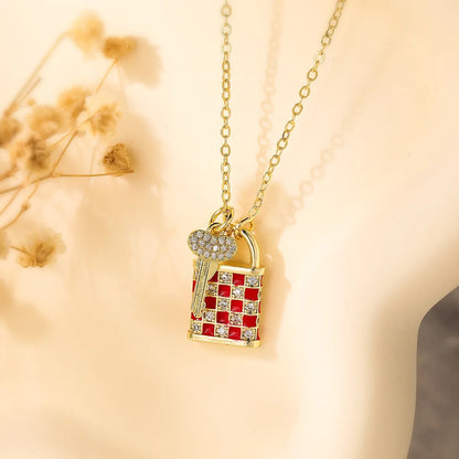 Copper Enamel Inlay Checkerboard Key Zircon Pendant Necklace