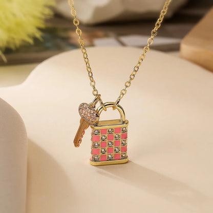 Copper Enamel Inlay Checkerboard Key Zircon Pendant Necklace