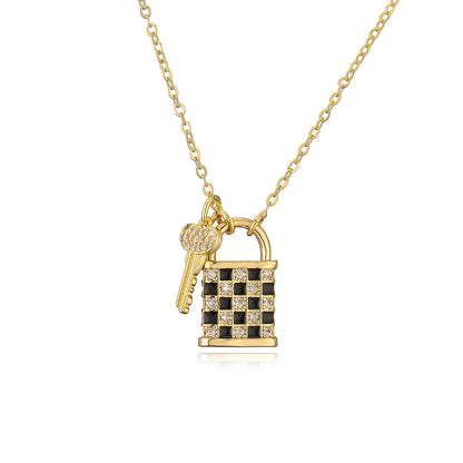 Copper Enamel Inlay Checkerboard Key Zircon Pendant Necklace