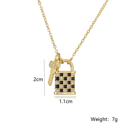 Copper Enamel Inlay Checkerboard Key Zircon Pendant Necklace