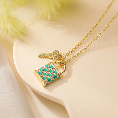 Copper Enamel Inlay Checkerboard Key Zircon Pendant Necklace