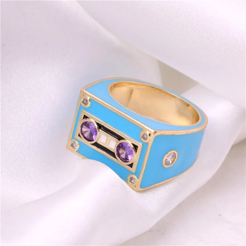 Copper Enamel Inlay Geometric Eye Zircon Rings