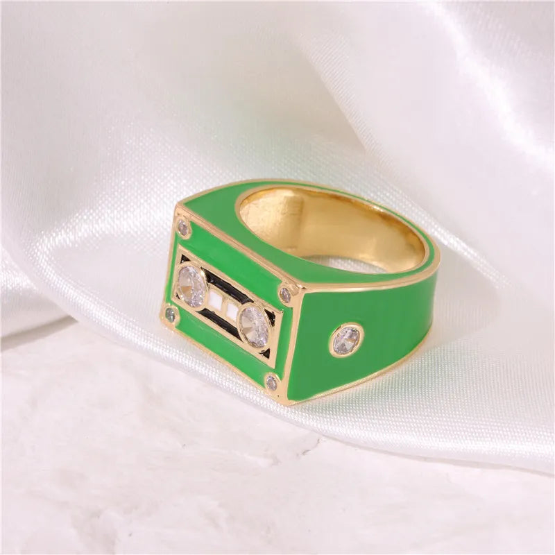 Copper Enamel Inlay Geometric Eye Zircon Rings