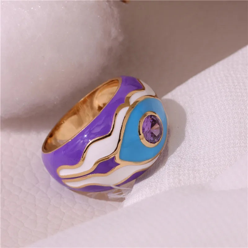 Copper Enamel Inlay Geometric Eye Zircon Rings