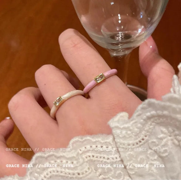 Copper Enamel Inlay Geometric Zircon Open Rings