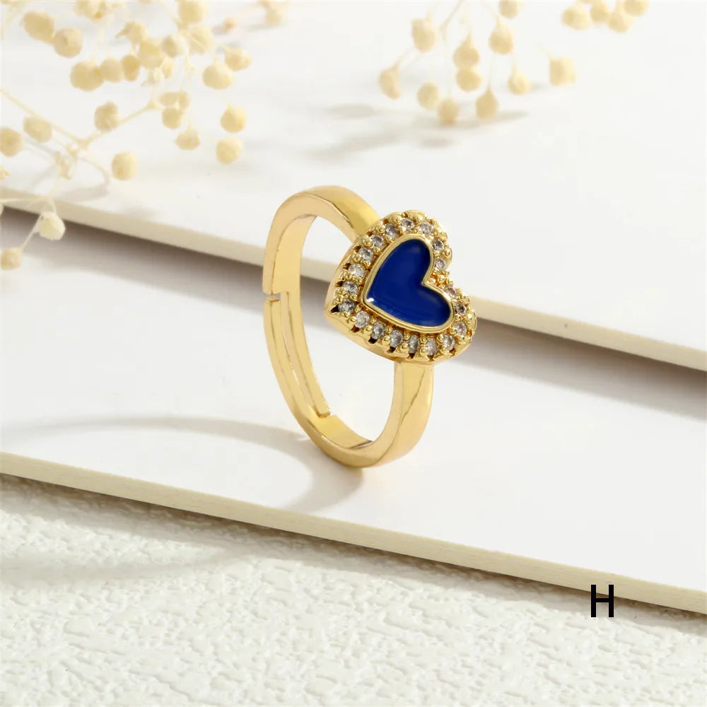 Copper Enamel Inlay Heart Shape Zircon Adjustable Ring