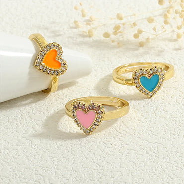 Copper Enamel Inlay Heart Shape Zircon Adjustable Ring