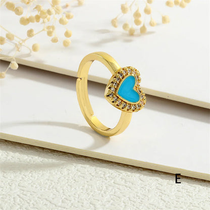 Copper Enamel Inlay Heart Shape Zircon Adjustable Ring