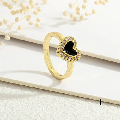 Copper Enamel Inlay Heart Shape Zircon Adjustable Ring