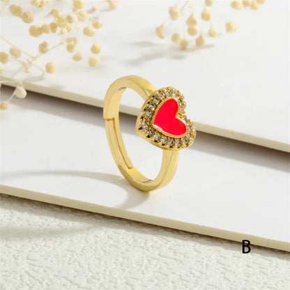 Copper Enamel Inlay Heart Shape Zircon Adjustable Ring