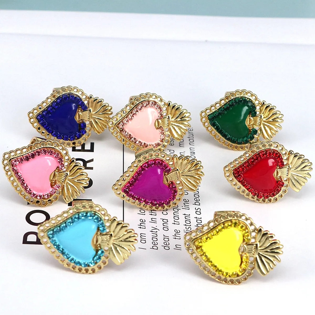 Copper Enamel Inlay Heart Shape Zircon Open Rings