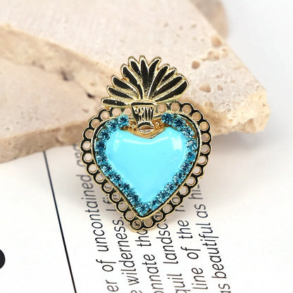 Copper Enamel Inlay Heart Shape Zircon Open Rings