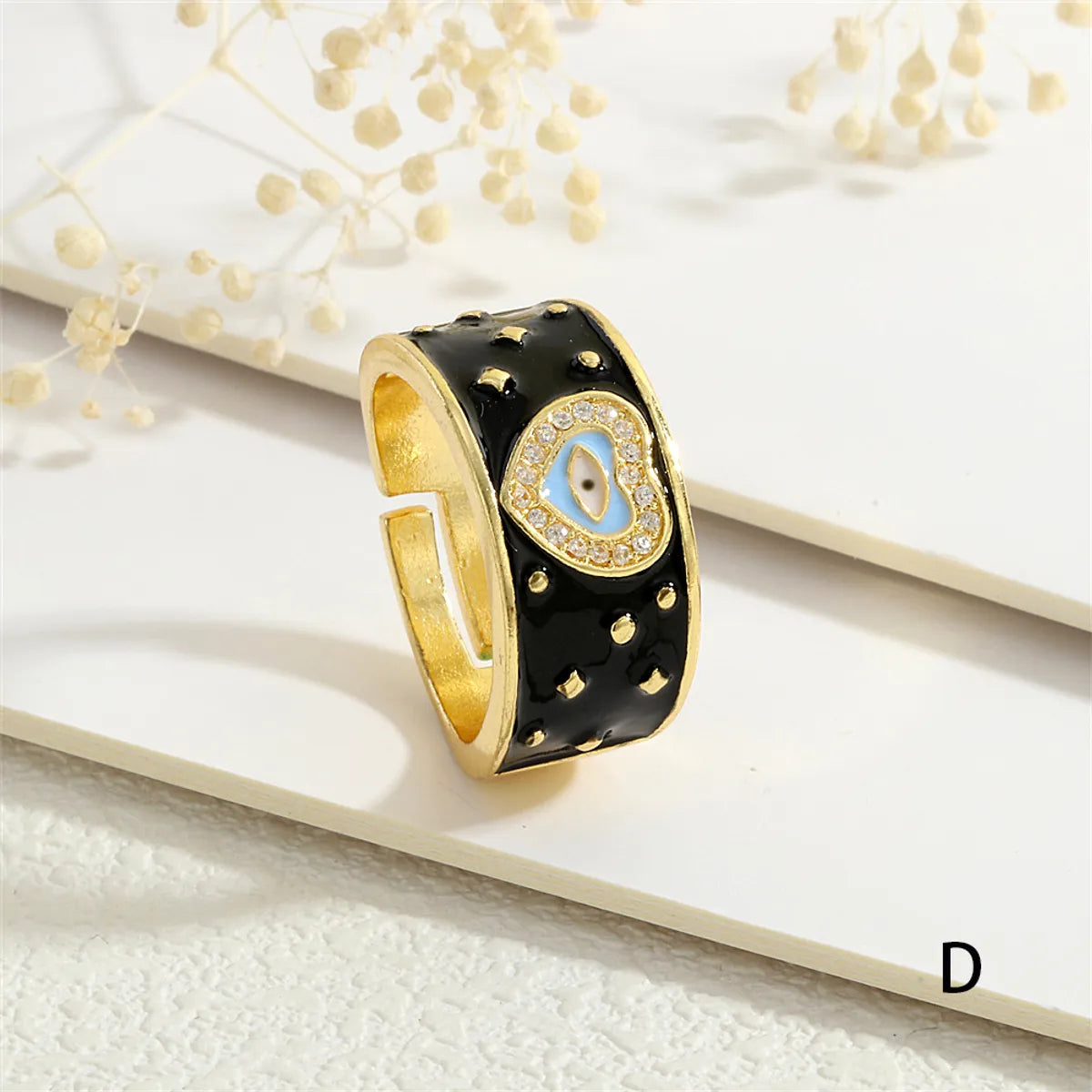 Copper Enamel Plating Inlay Devil'S Eye Heart Shape Zircon Adjustable Ring