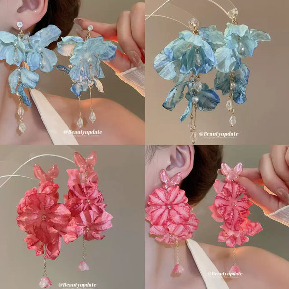 Copper Fabric Flower Tassel Pearl Earrings With Silver Needle Zircon For Women High End Sense