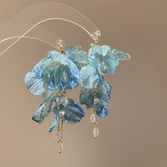 Copper Fabric Flower Tassel Pearl Earrings With Silver Needle Zircon For Women High End Sense