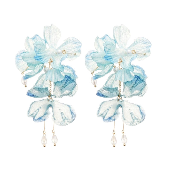 Copper Fabric Flower Tassel Pearl Earrings With Silver Needle Zircon For Women High End Sense