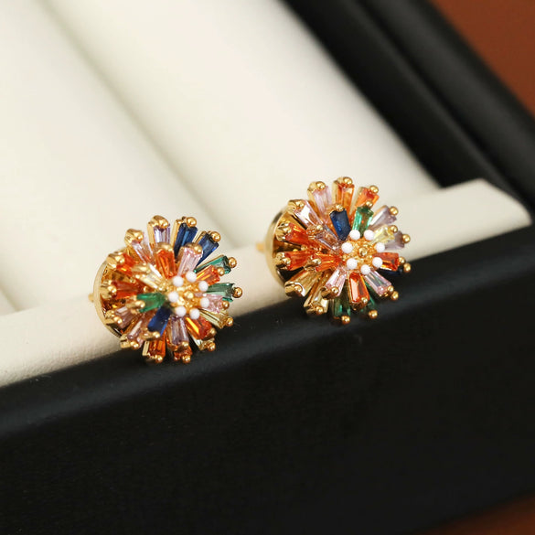 Copper Fashion Geometric And Flower Pattern Stud Earrings 18K Goldplated