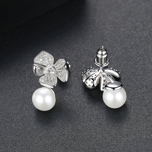 Copper Flower Earrings With Zircon And Crystal Pearl Simple Fashion Jewelry For Women