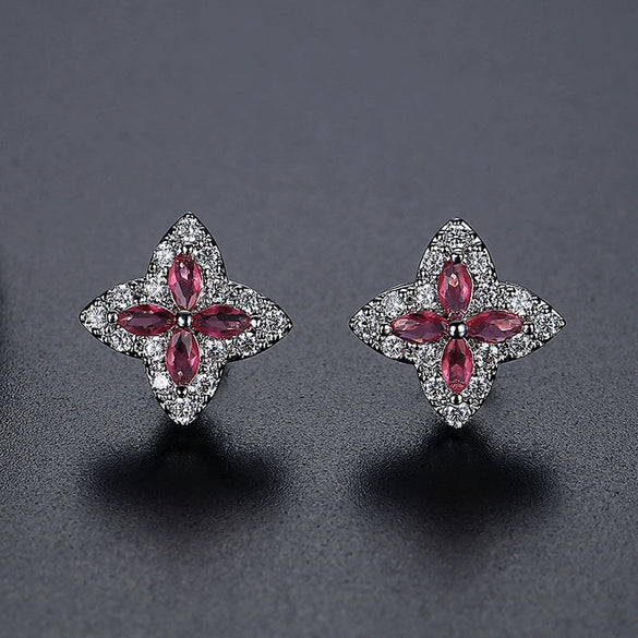 Copper Four Leaf Clover Flower Zircon Earrings Electroplated Geometric Plant Style Simple Fashion Earrings For Women