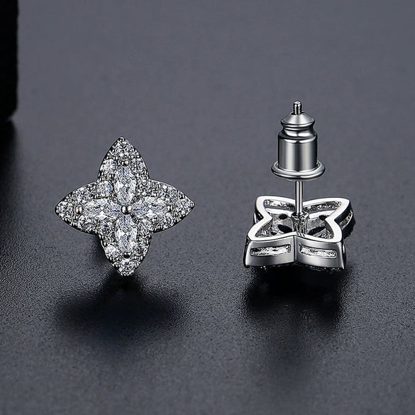Copper Four Leaf Clover Flower Zircon Earrings Electroplated Geometric Plant Style Simple Fashion Earrings For Women