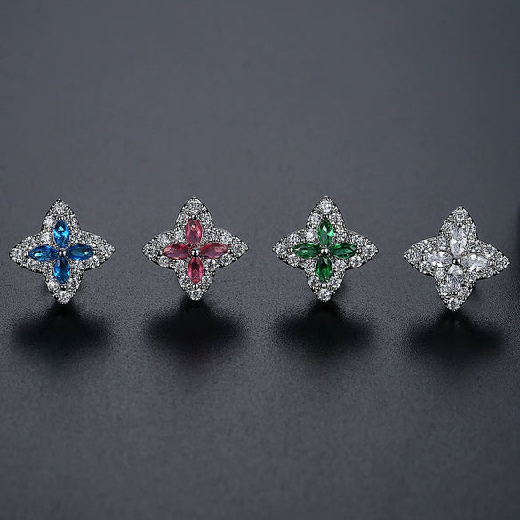 Copper Four Leaf Clover Flower Zircon Earrings Electroplated Geometric Plant Style Simple Fashion Earrings For Women