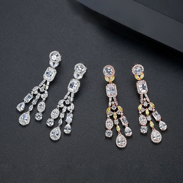 Copper Geometric Long Tassel Earrings Electroplated Fashion Earrings For Women Elegant Bridal Banquet Jewelry