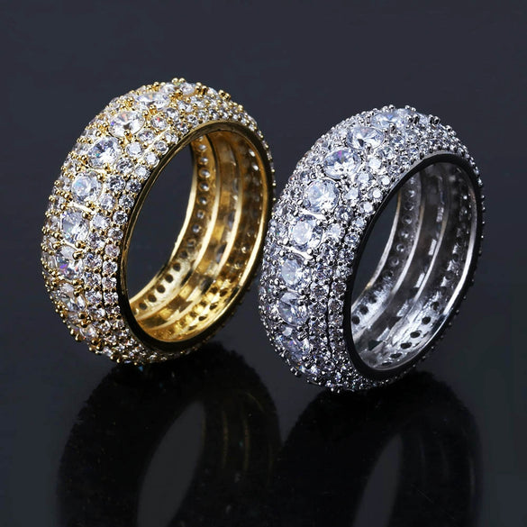 Copper Geometric Micro Inlaid Five Row Colorful Zircon Ring Hip Hop Fashion Statement Ring For Men And Women
