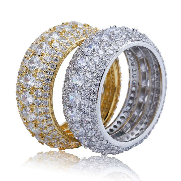 Copper Geometric Micro Inlaid Five Row Colorful Zircon Ring Hip Hop Fashion Statement Ring For Men And Women
