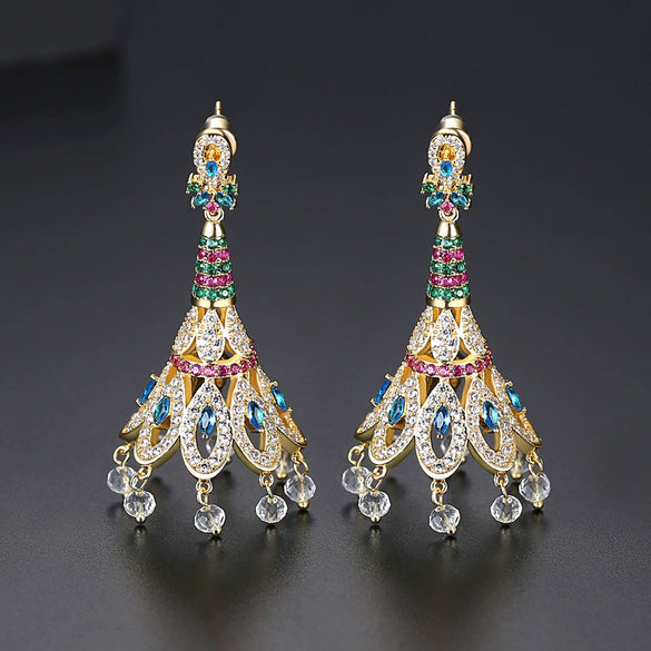 Copper Geometric Peacock Feather Tassel Earrings With Zircon Crystal Accents Creative Fashion Jewelry Set