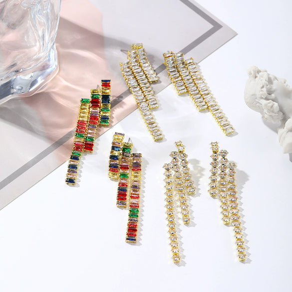 Copper Geometric Rhombus Zircon Earrings Set With Diamonds For Women