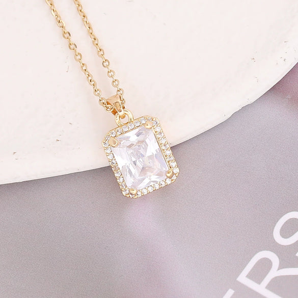 Copper Geometric Square Emerald Micropaved Pendant Necklace Set With Electroplating