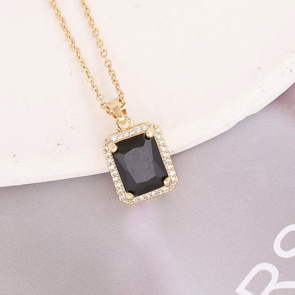 Copper Geometric Square Emerald Micropaved Pendant Necklace Set With Electroplating