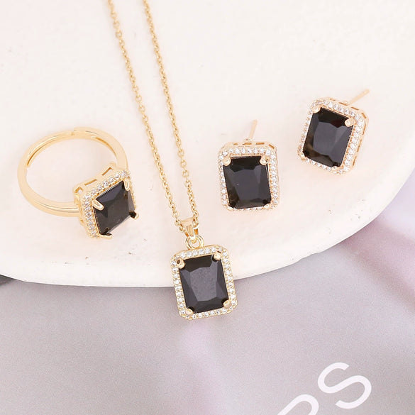 Copper Geometric Square Emerald Micropaved Pendant Necklace Set With Electroplating