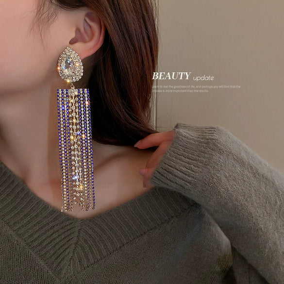 Copper Geometric Water Drop Diamond Long Tassel Earrings Fashion Versatile Dangle Earrings For Women