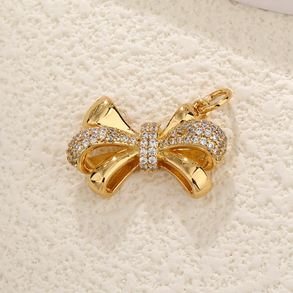 Copper Gold Plated Bow Shape Zircon Pearl Sweet Jewelry Pendant Diy Accessories