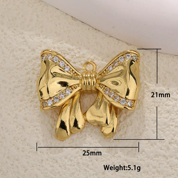Copper Gold Plated Bow Shape Zircon Pearl Sweet Jewelry Pendant Diy Accessories