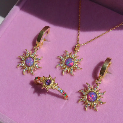 Copper Gold Plated Casual Simple Style Inlay Sun Artificial Opal Zircon Rings Earrings Necklace