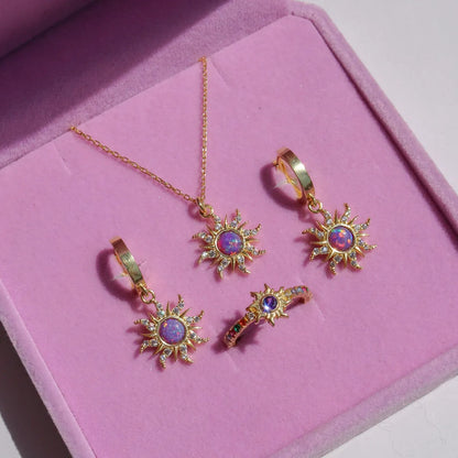 Copper Gold Plated Casual Simple Style Inlay Sun Artificial Opal Zircon Rings Earrings Necklace