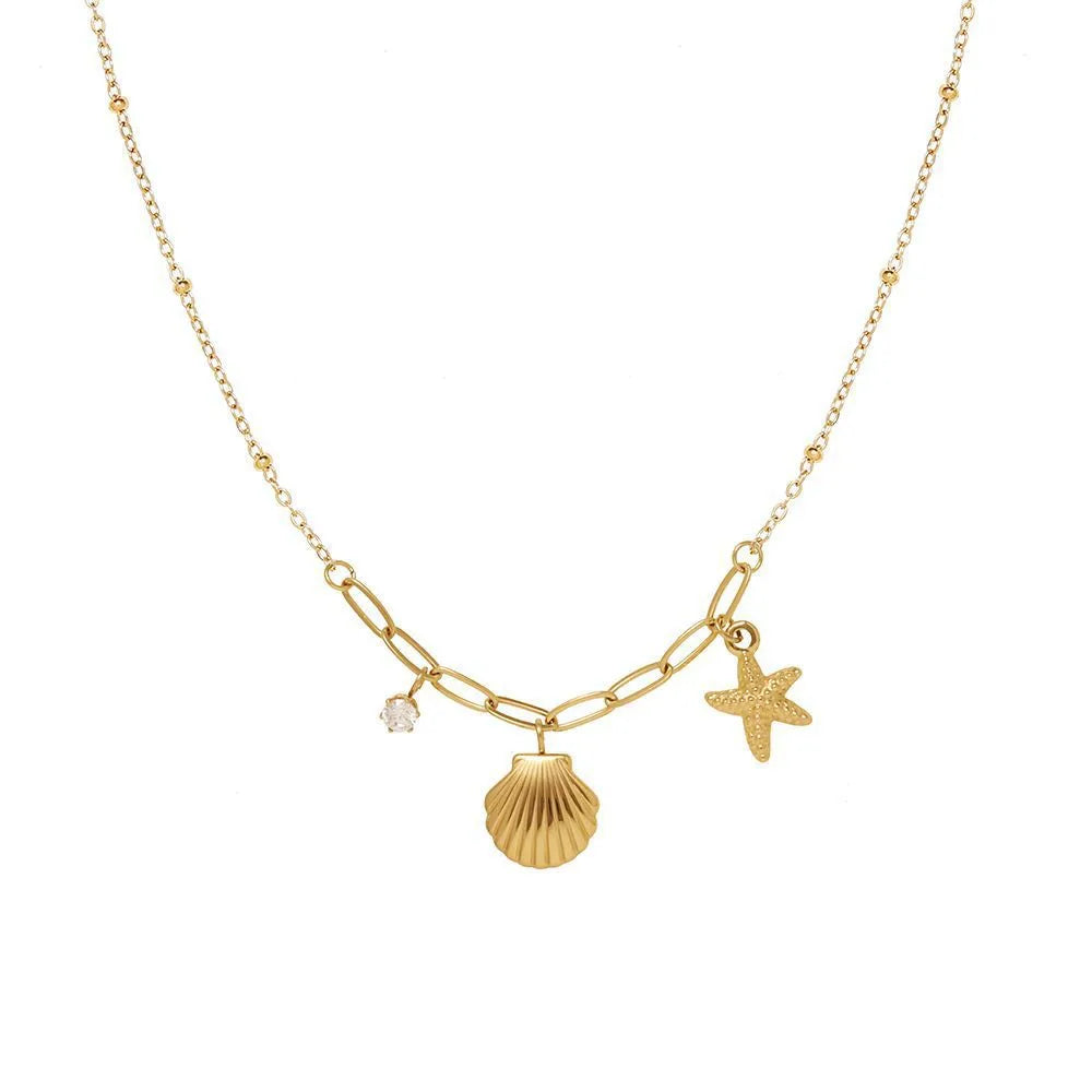 Copper Gold Plated Casual Sweet Inlay Starfish Shell Zircon Pendant Necklace