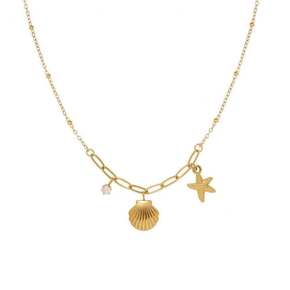 Copper Gold Plated Casual Sweet Inlay Starfish Shell Zircon Pendant Necklace