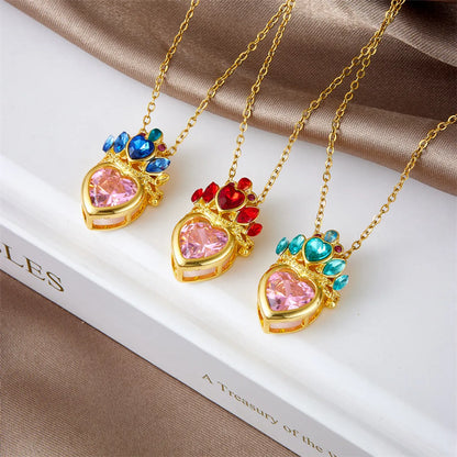 Copper Gold Plated Classic Style Plating Heart Shape Crown Pendant Necklace