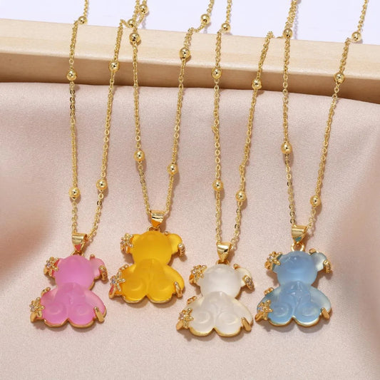 Copper Gold Plated Cute Simple Style Bear Inlay Resin Zircon Pendant Necklace