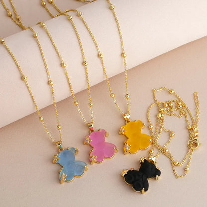 Copper Gold Plated Cute Simple Style Bear Inlay Resin Zircon Pendant Necklace