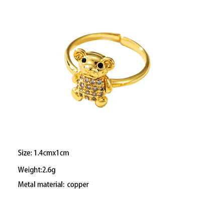 Copper Gold Plated Cute Sweet Plating Inlay Carving Asymmetrical Bear Heart Shape Zircon Adjustable Ring Open Rings