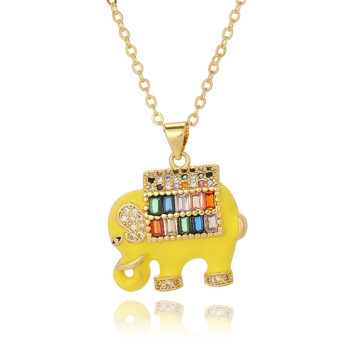 Copper Gold Plated Enamel Inlay Elephant Zircon Pendant Necklace