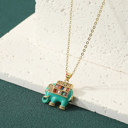 Copper Gold Plated Enamel Inlay Elephant Zircon Pendant Necklace