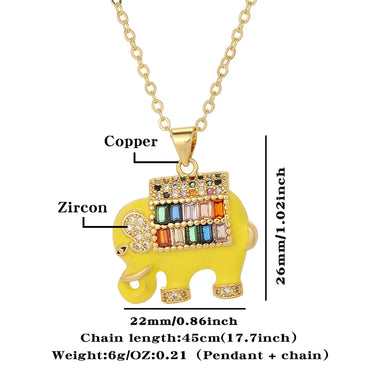 Copper Gold Plated Enamel Inlay Elephant Zircon Pendant Necklace