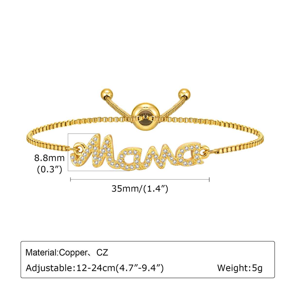 Copper Gold Plated MAMA Simple Style Shiny Inlay Letter Zircon Bracelets